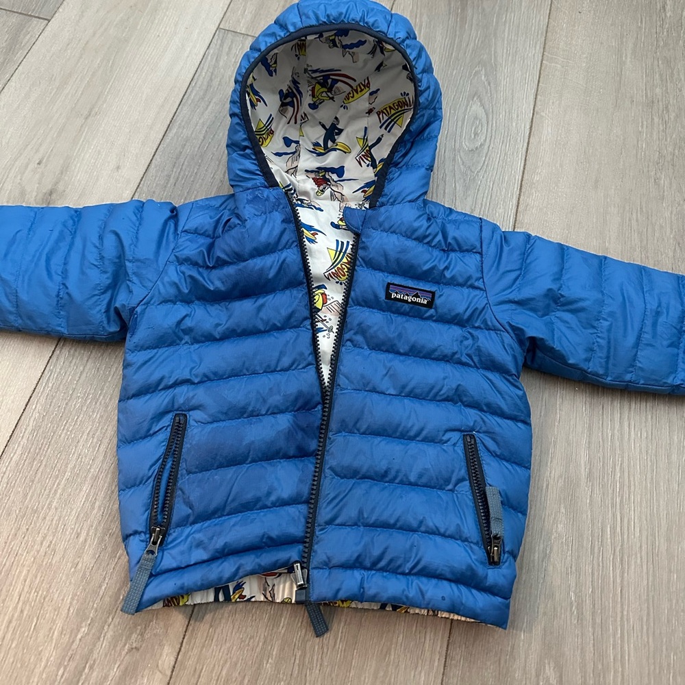 Patagonia Reversible Down Hooded Jacket Surfing Badgers Blue 2T
